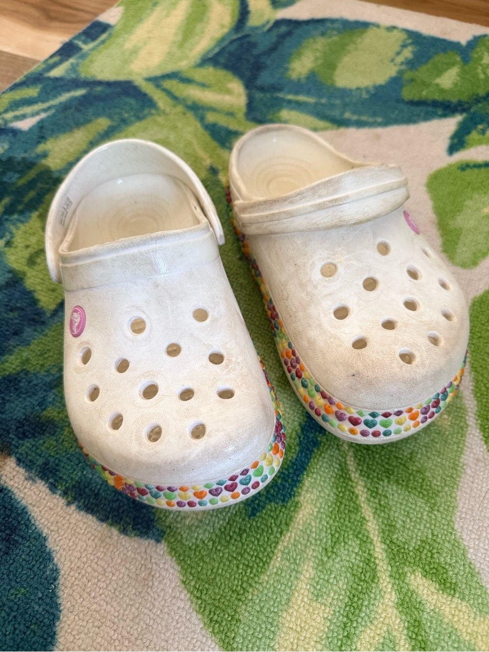 Kids White Clog Shoes with Rainbow Dot Trim
